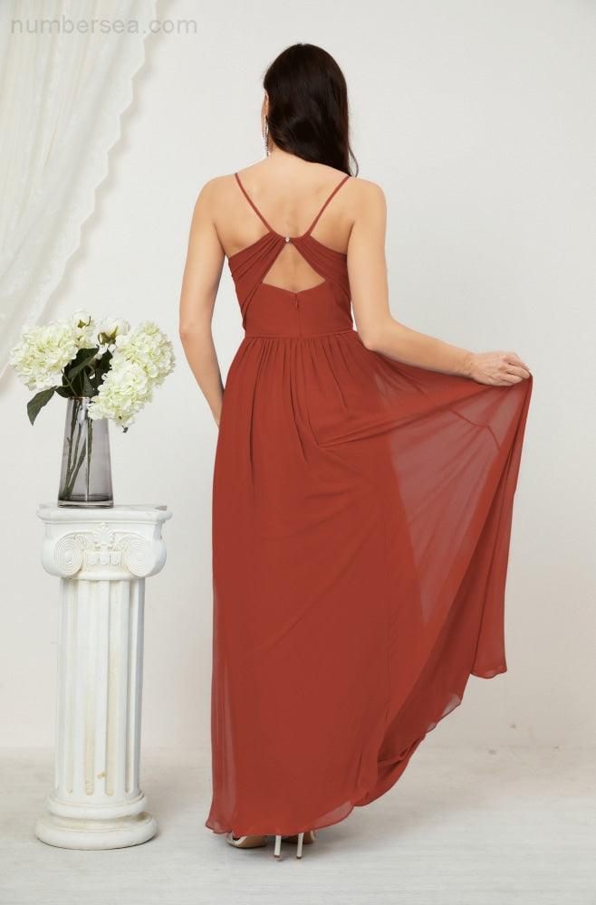 Numbersea Neck Bridesmaid Dresses Chiffon Long Spaghetti A-line Formal Prom Gown for Wedding Party Evening 2801-numbersea