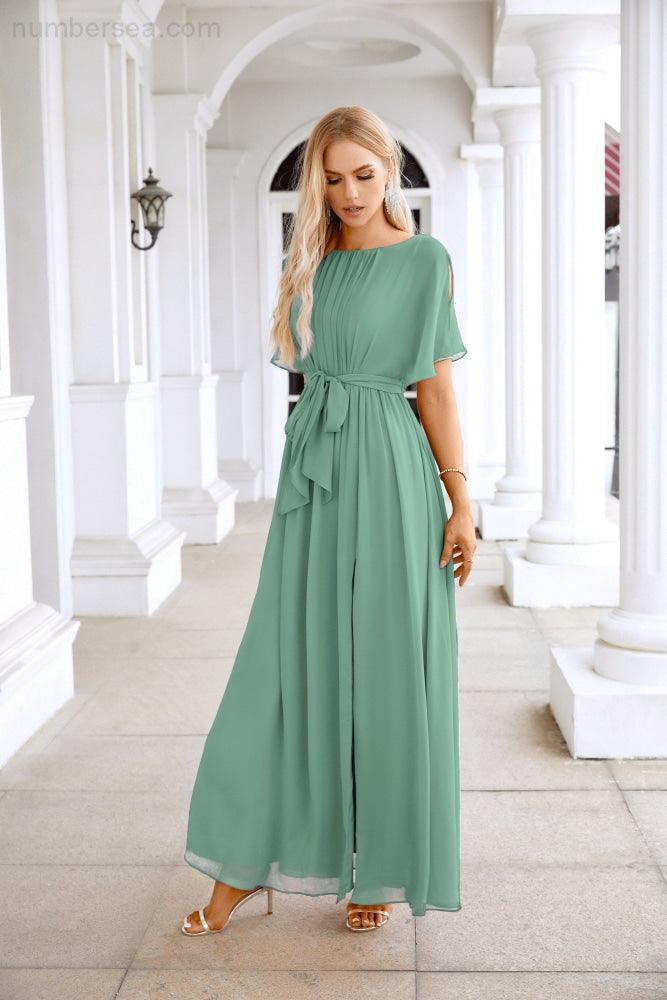 Ladies Chiffon Sleeve Crew Neck Front Slit Floor Length Bridesmaid Evening Dress Wedding Party Evening Dress 28124-numbersea