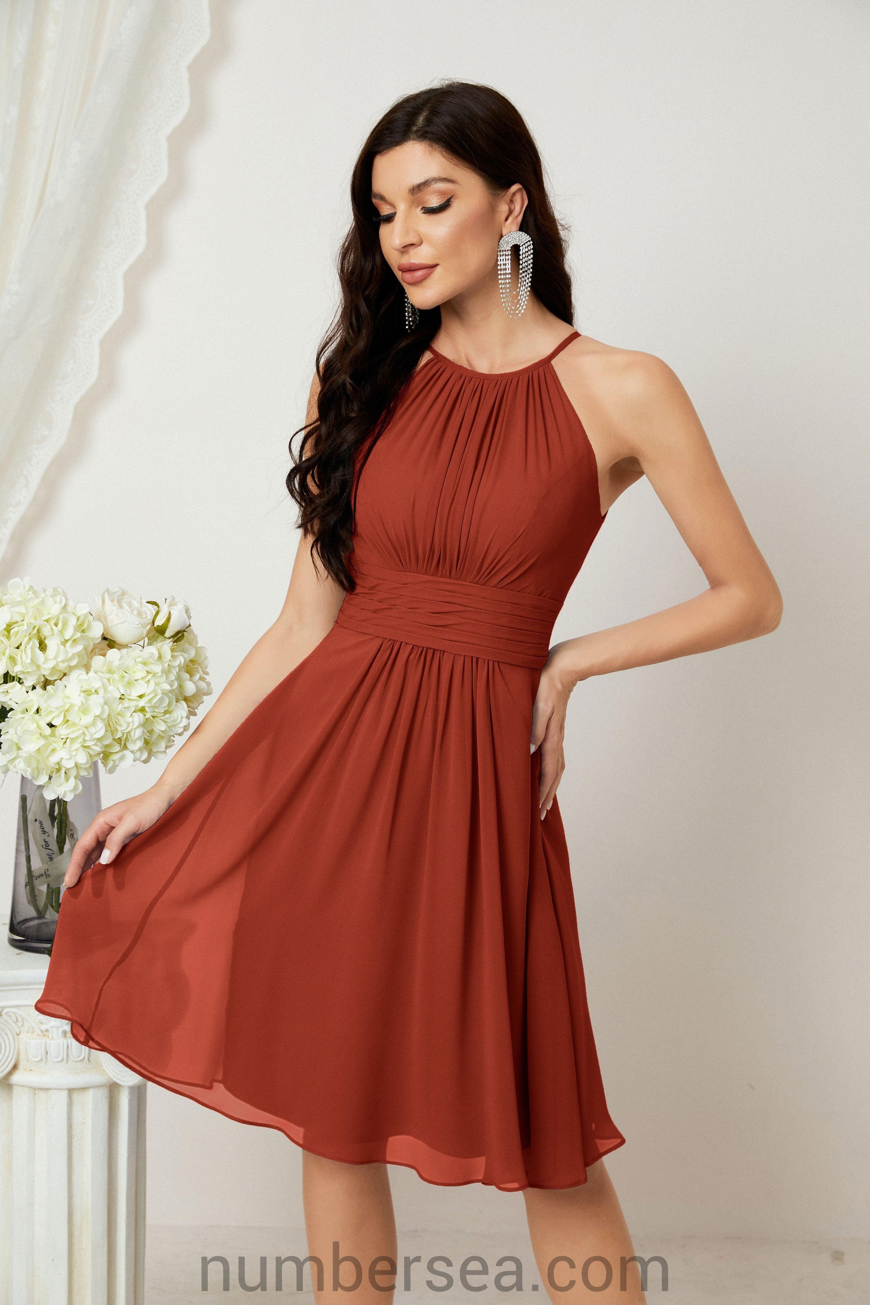 Halter Bridesmaid Dresses Knee Length A Line Formal Evening Party Cocktail Dress 28011