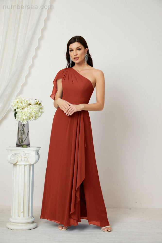 Numbersea Chiffon Ruffled One Shoulder Long Bridesmaid Dresses A-line Formal Evening Gown Side Split 2809-numbersea