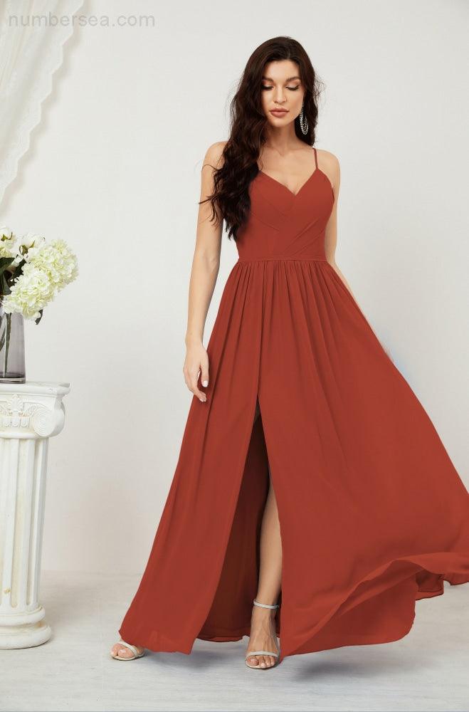 Numbersea Neck Bridesmaid Dresses Chiffon Long Spaghetti A-line Formal Prom Gown for Wedding Party Evening 2801-numbersea