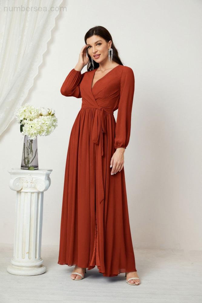 Numbersea Evening Dresses Deep V-Neck Chiffon Bridesmaid Dresses Long Bishop Sleeve Side Split Formal Dress 2806-numbersea