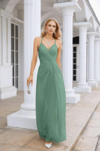 Ladies Chiffon Spaghetti Strap V Neck Front Slit Floor Length Bridesmaid Evening Dress Prom Party Wedding Evening Dress 28116-numbersea