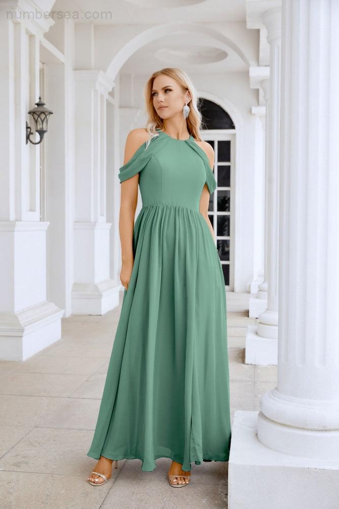 Ladies Chiffon Off Shoulder Swing Sleeve Front Slit Bridesmaid Evening Dress Wedding Party Evening Dress 28117-numbersea
