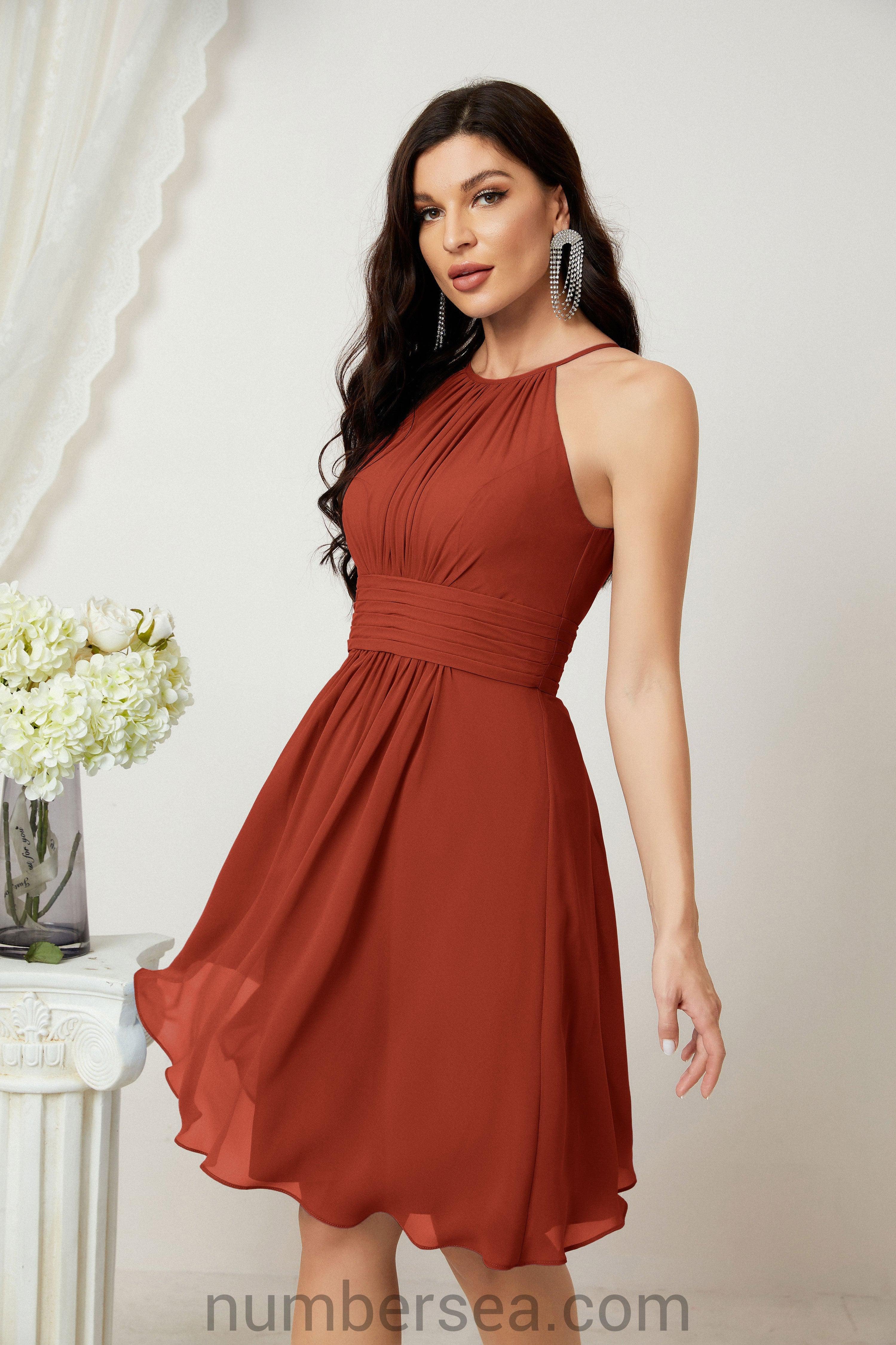 Halter Bridesmaid Dresses Knee Length A Line Formal Evening Party Cocktail Dress 28011