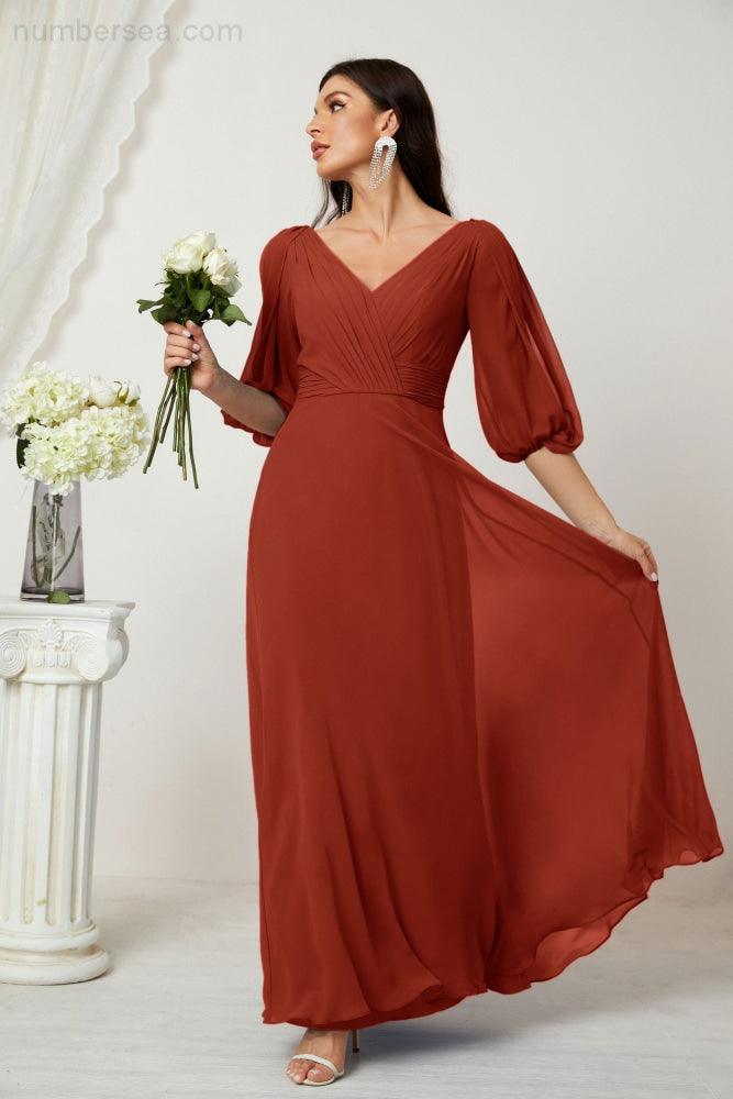 Numbersea Formal Prom Gown Women V-Neck Chiffon Bridesmaid Dresses Long Bishop Sleeve Party Dress 2807-numbersea