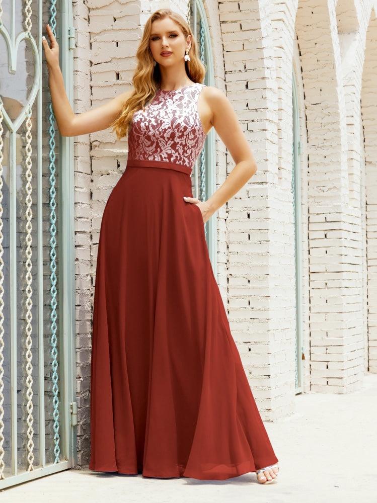 Lace Bridesmaid Dress Floor Length Evening Gowns with Pockets 28017-numbersea