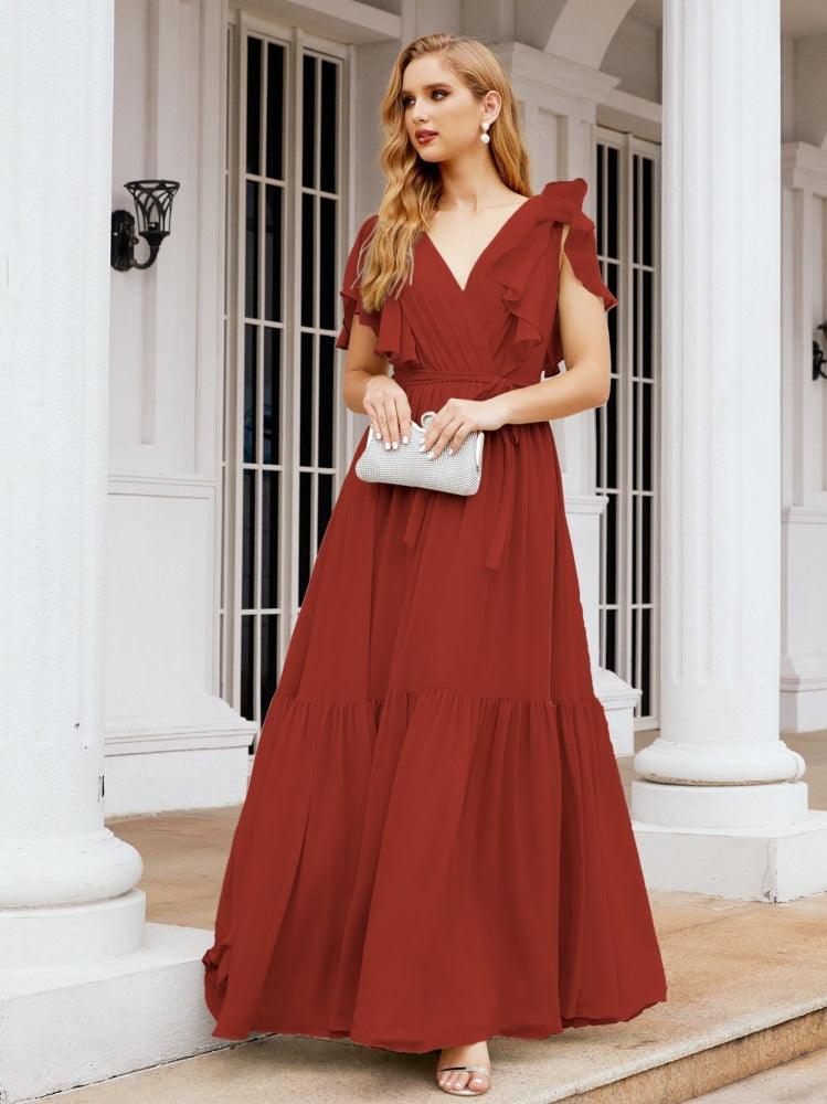 Numbersea Women's Open Back Formal Evening Party Prom Gowns V-Neck Long Chiffon Bridesmaid Dresses with Waist Belt 28038-numbersea