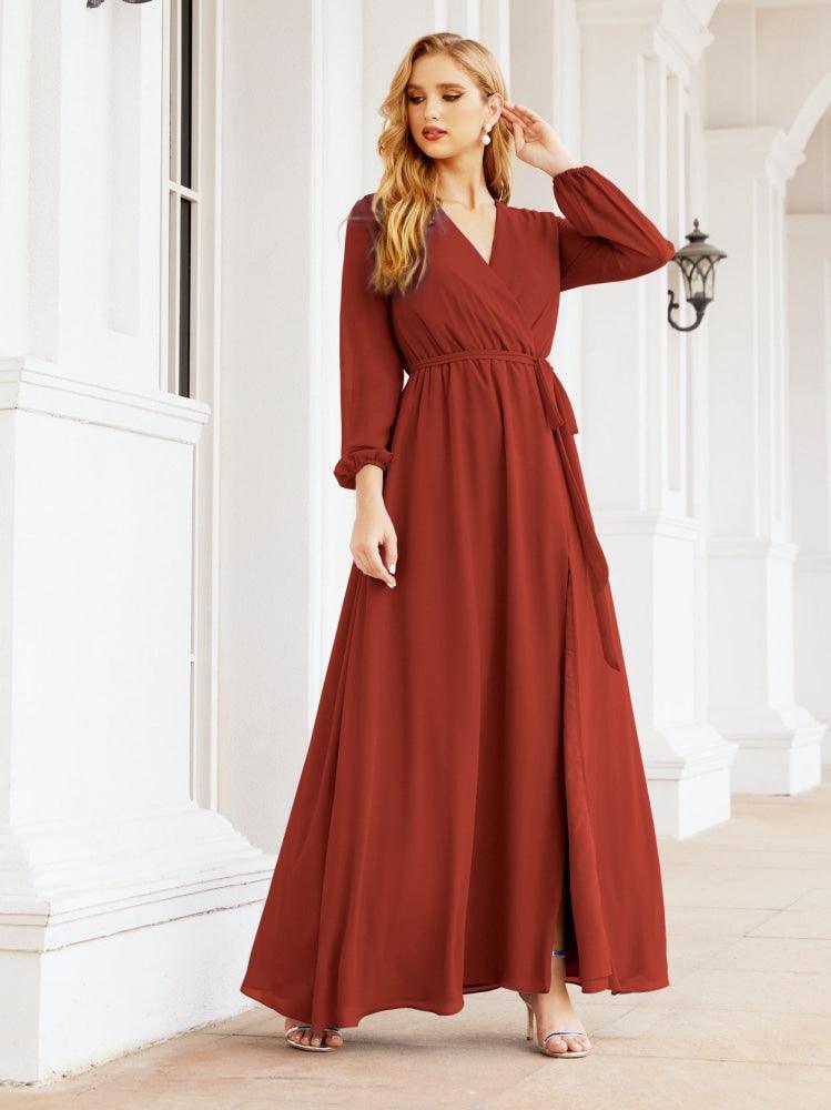 Numbersea Women's Chiffon Bridesmaid Dress A line Long Sleeves Formal Evening Prom Gown for Wedding Guest 28032-numbersea