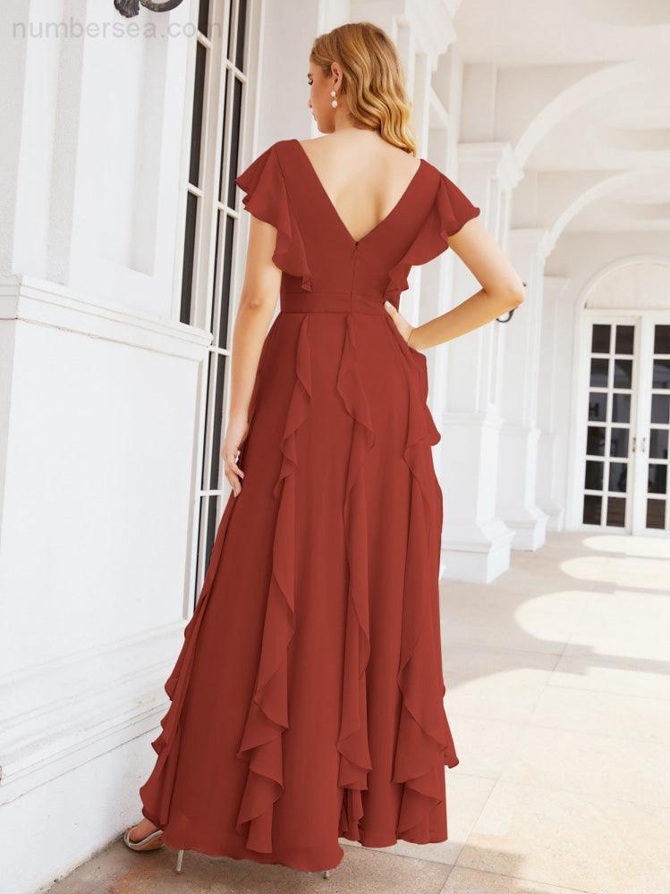 Ruffled Bridesmaid Dresses with Sleeves Long Formal Party Dress 28041-numbersea