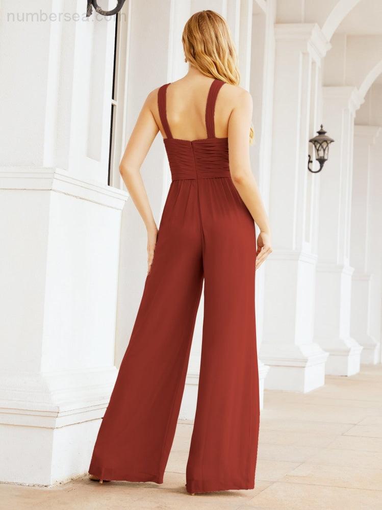Numbersea Crisscross Neck Jumpsuit Formal Evening Dress Long Bridesmaid Dresses Bell-bottomed Pants 28033-numbersea