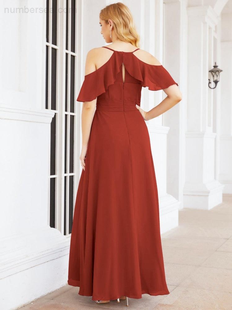 Numbersea Cold Shoulder Long Bridesmaid Dresses Side Slit Formal Prom Gowns Party Wedding 28070-numbersea