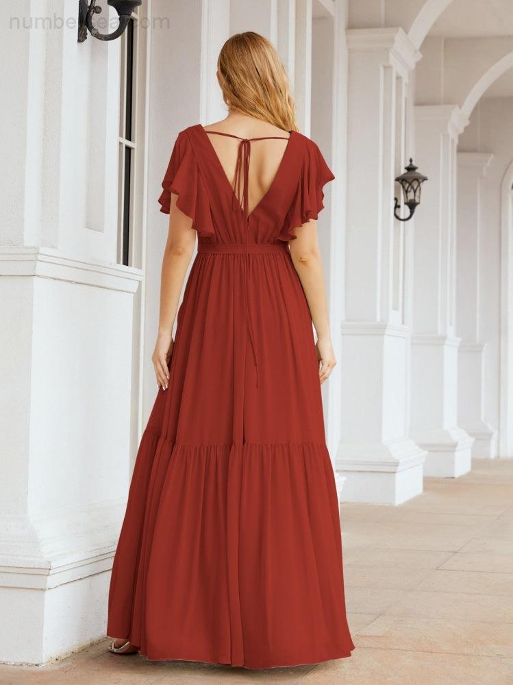 Numbersea Women's Open Back Formal Evening Party Prom Gowns V-Neck Long Chiffon Bridesmaid Dresses with Waist Belt 28038-numbersea