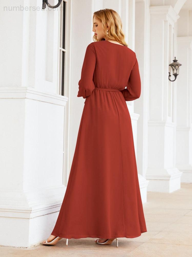 Numbersea Women's Chiffon Bridesmaid Dress A line Long Sleeves Formal Evening Prom Gown for Wedding Guest 28032-numbersea