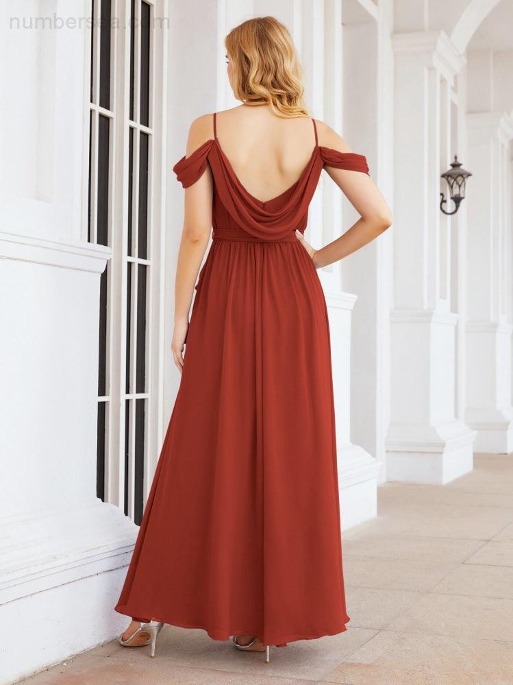 Numbersea Off The Shoulder Chiffon Bridesmaid Dress Long Formal Graduation Gown with Cowl Back 28069-numbersea