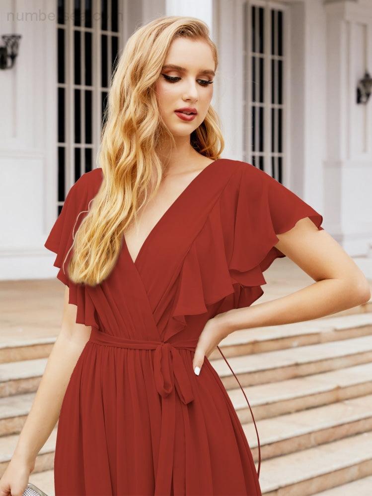 Numbersea Women's Open Back Formal Evening Party Prom Gowns V-Neck Long Chiffon Bridesmaid Dresses with Waist Belt 28038-numbersea