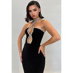 Vestido de noche largo negro con escote halter y cuentas, único y escotado 