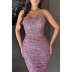 Glitzerndes, trägerloses Trompetenkleid mit Perlenbesatz für Party, Abschlussball, Abendkleid 