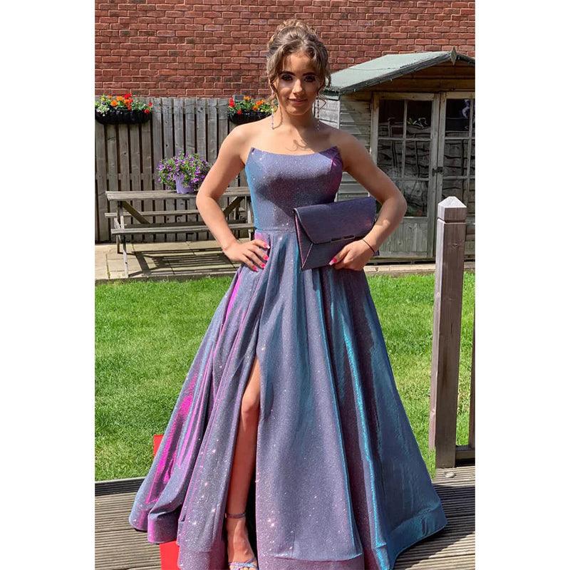 Vestido de fiesta largo de satén morado sin tirantes, corte A, brillante y con abertura 