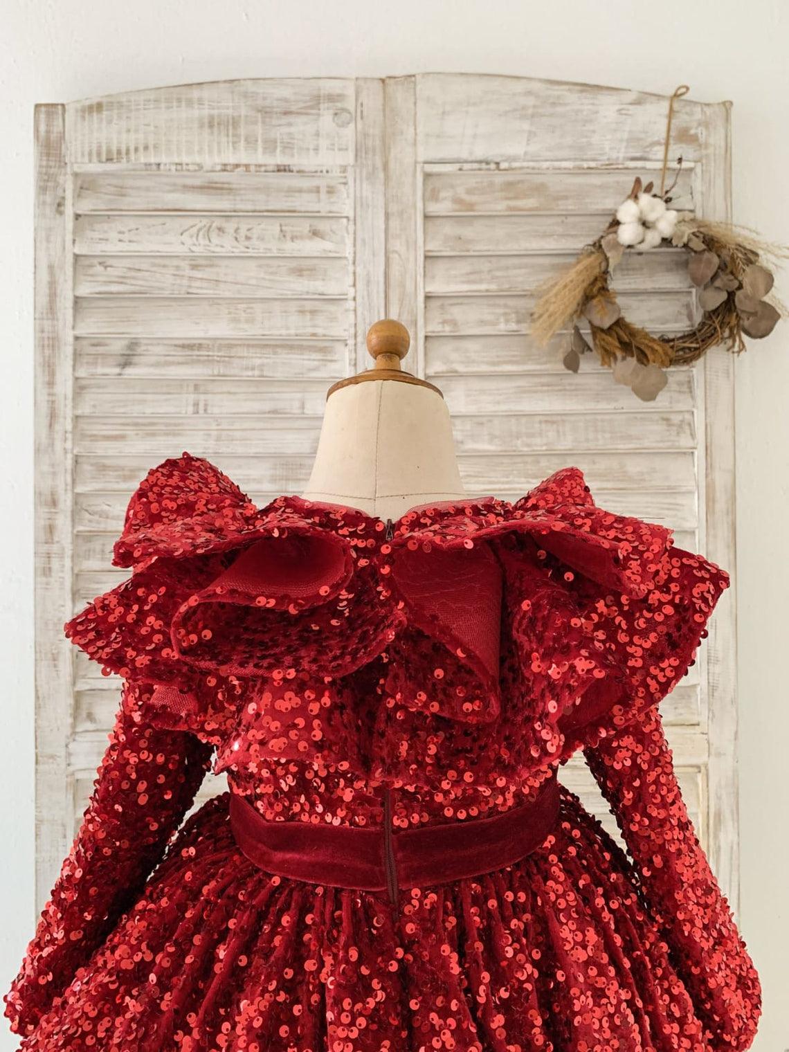 Vestido de niña burdeos hasta la rodilla de terciopelo con lentejuelas 