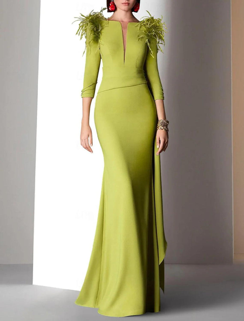 Gown Elegant Formal Fall Floor Length 3/4 Length Sleeve V Neck Satin with Feather Ruched Ruffles Evening Dress