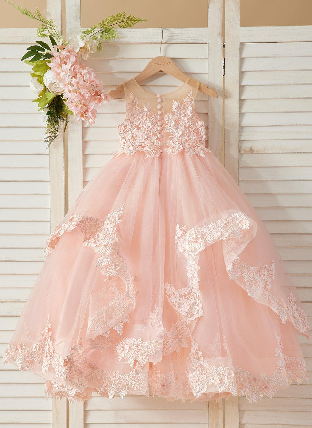 Vestido de princesa de tul sin mangas con apliques de encaje y cola larga para niñas 