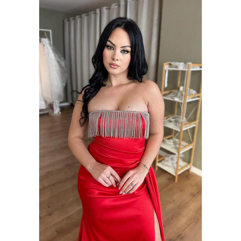 Vestido de fiesta de sirena, sexy y atractivo, sin mangas, con hombros descubiertos y abertura lateral