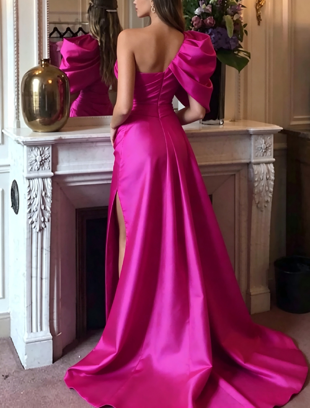 Kleid Sexy Sommer Hofschleppe Ärmellos Ein Schulter Herbst Hochzeit Empfang Satin mit gerafftem Schlitz Abendkleid