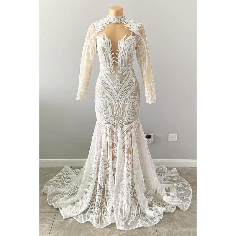 Vestido de fiesta estilo sirena americana con escote alto, apliques de lentejuelas y mangas largas 