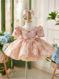 Sequin Puff Sleeve Rhinestone Knee-length Baby Girl Dress
