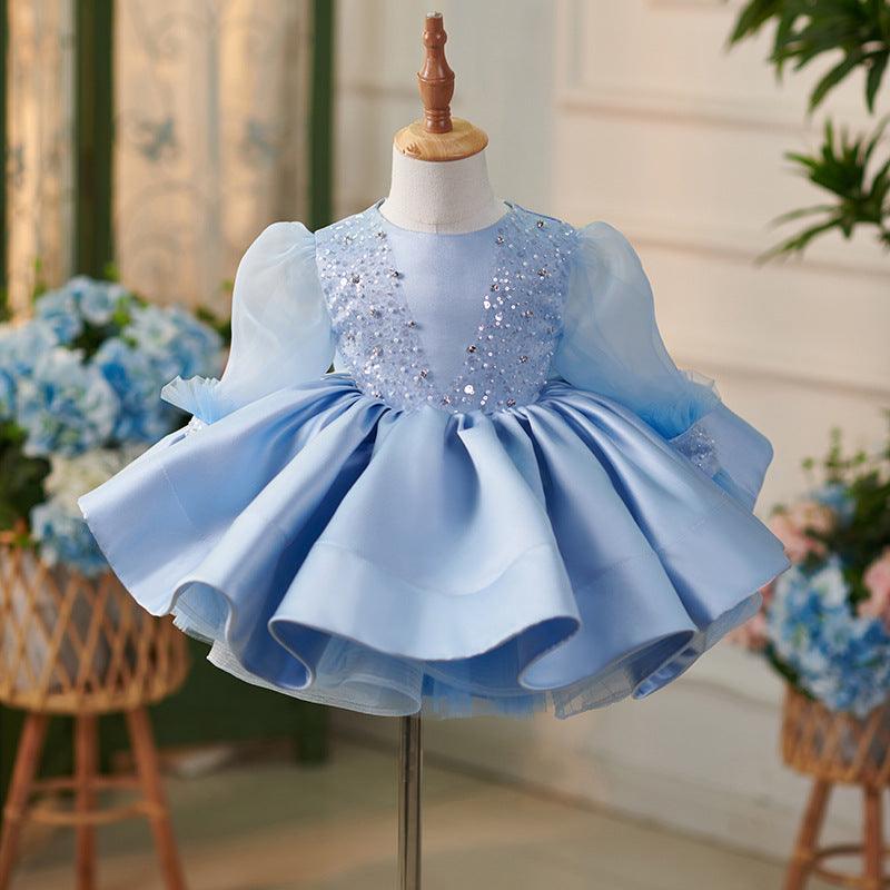 Knielanges blaues Organza-Kleid für Babymädchen 