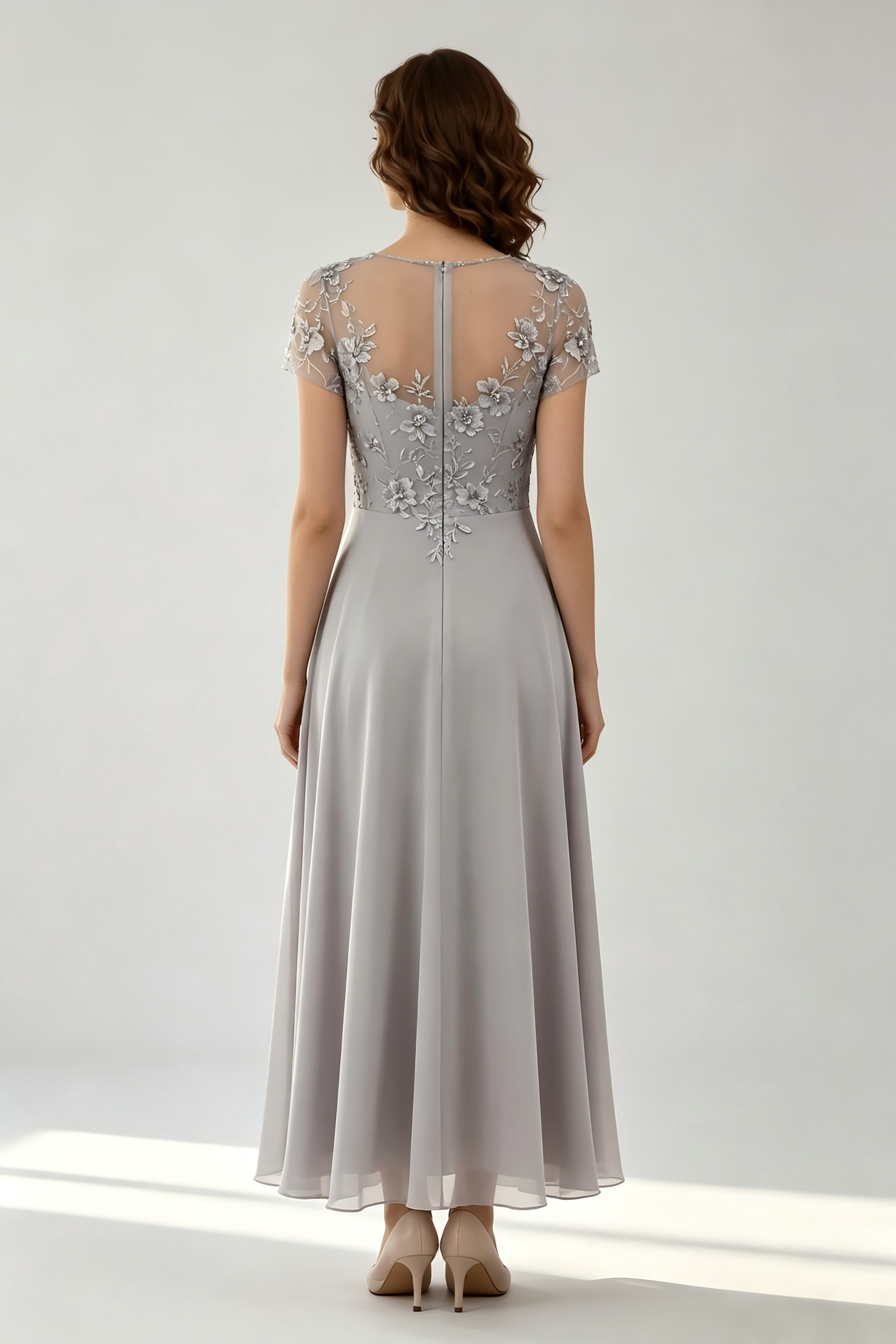 Mother of The Bride Dress Short Sleeve Lace Embroidery Chiffon Long Formal Evening Gown