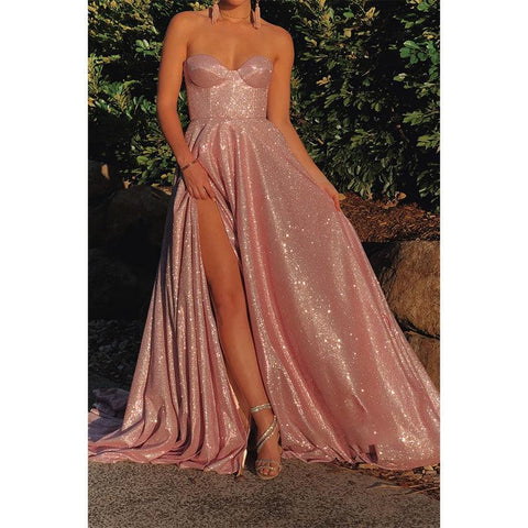 Sweetheart High Leg Split Pink Prom Dress Glitter