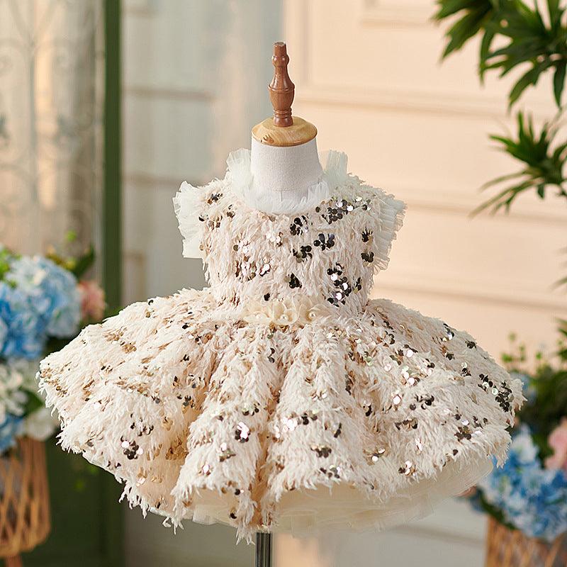 Knielanges Champagner Baby Mädchen Kleid 