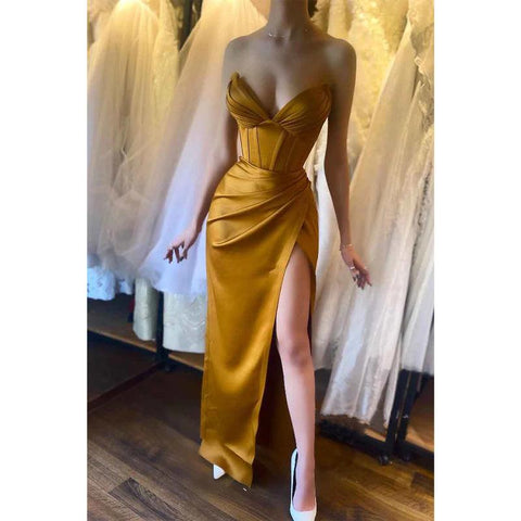 Sexy V Neck Satin Pleats Sheath/column Long Formal Party Dress with Slit