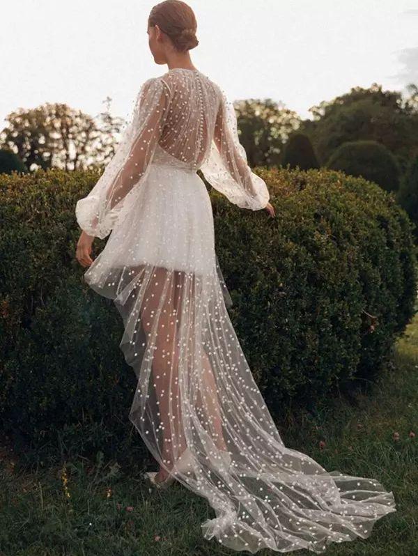 Vestido de novia corto, cuello redondo, manga larga, abotonado en la espalda, vestido de princesa, lunares, satén, sirena, lazo, satén, cola de corte, mangas, blanco, moderno, vestido de novia