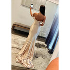Vestido de fiesta de satén elegante clásico de corte trompeta/sirena con hombros descubiertos y mangas casquillo