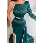Vestido de noche formal de sirena con mangas largas y cuentas cúbicas único con abertura 