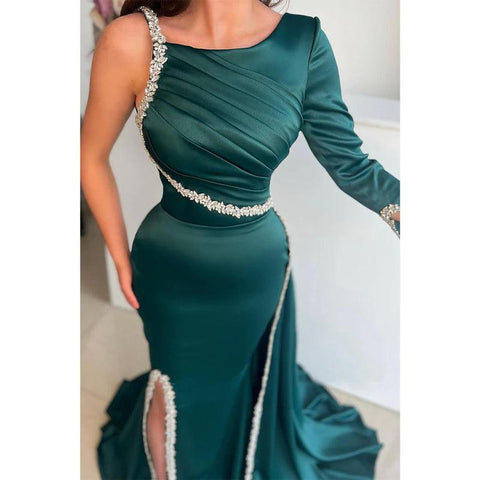 Unique Scoop Beads Long Sleeves Mermaid Formal Evening Dress with Slit