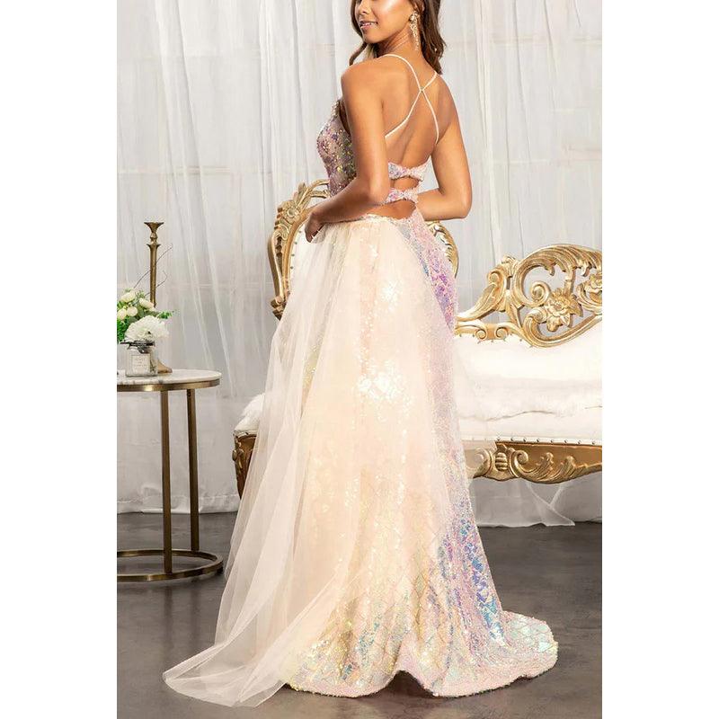Vestido de noche largo de fiesta con escote en V, tirantes finos, lentejuelas y tul