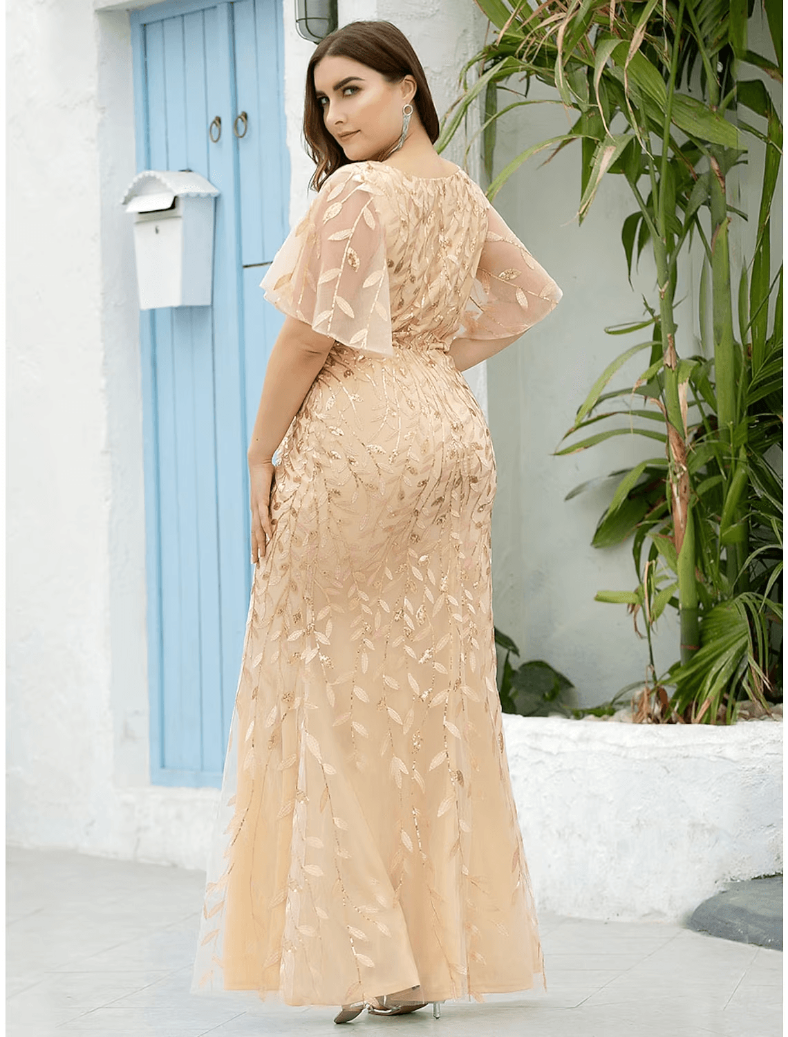 Mermaid / Trumpet Evening Gown Sparkle Dress Wedding Guest Floor Length Short Sleeve V Neck Tulle with Sequin