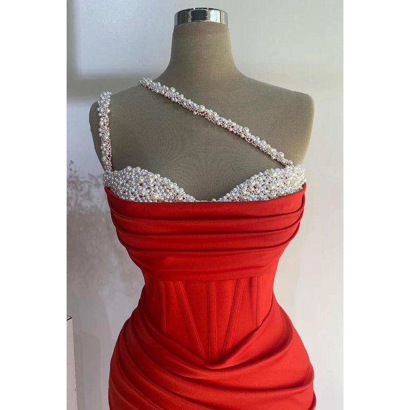 Vestido de fiesta formal con un hombro al descubierto, drapeado y cuentas, sexy y atractivo, con perlas