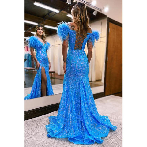 Sexy V-neck Sequins Appliques Feathers Mermaid Long Prom Dress with Slit
