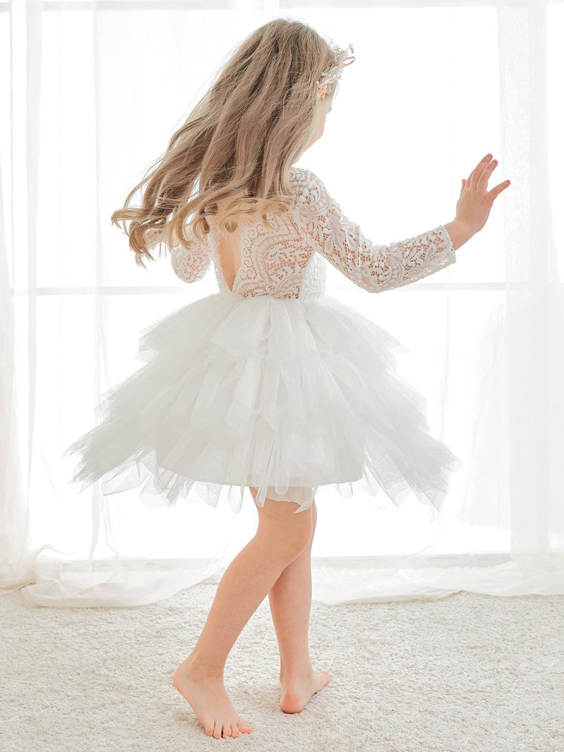 Vestido blanco de tul con encaje hasta la rodilla (2003227580) 