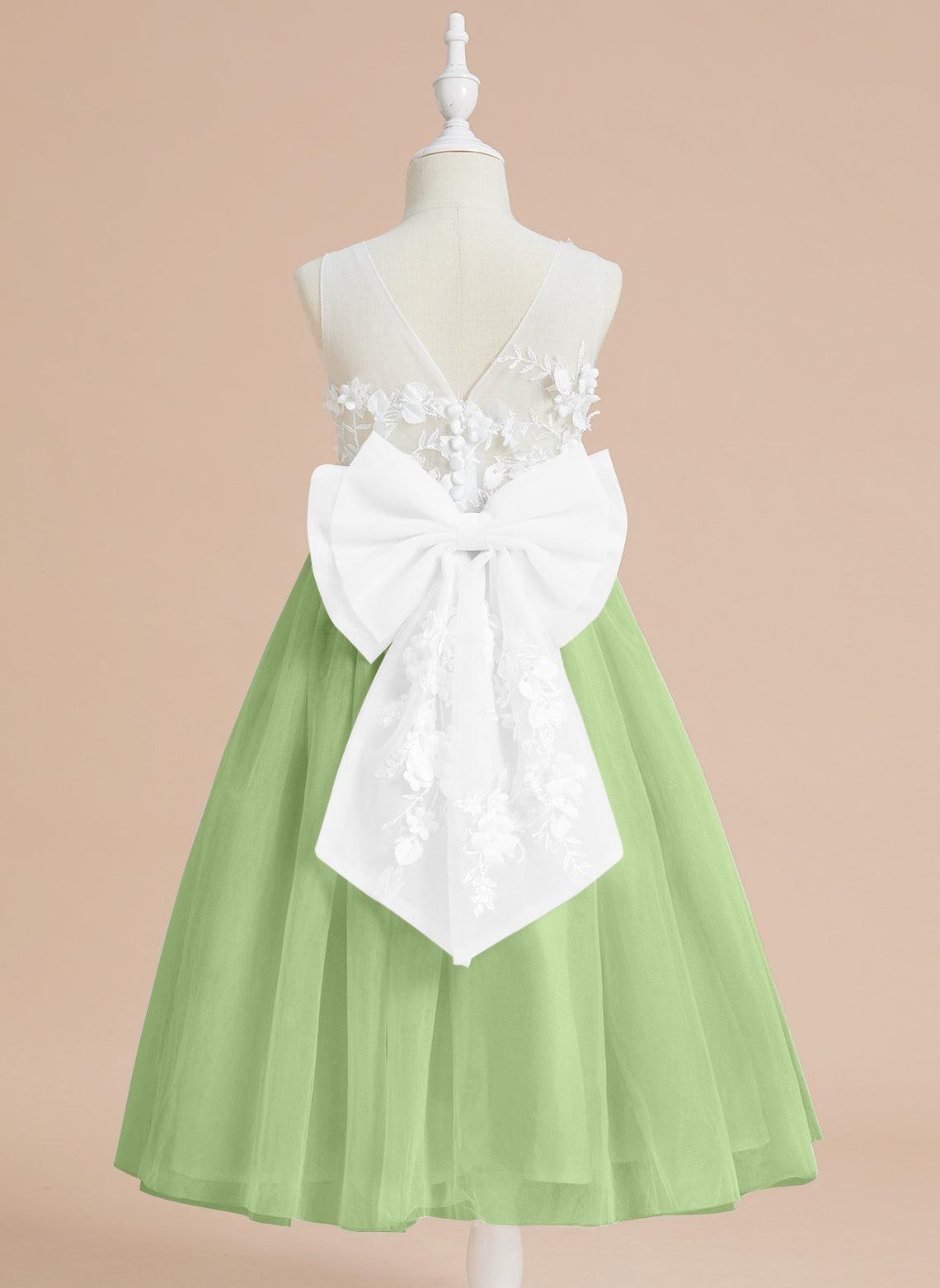 Vestido largo hasta la rodilla con encaje floral y lazo grande 