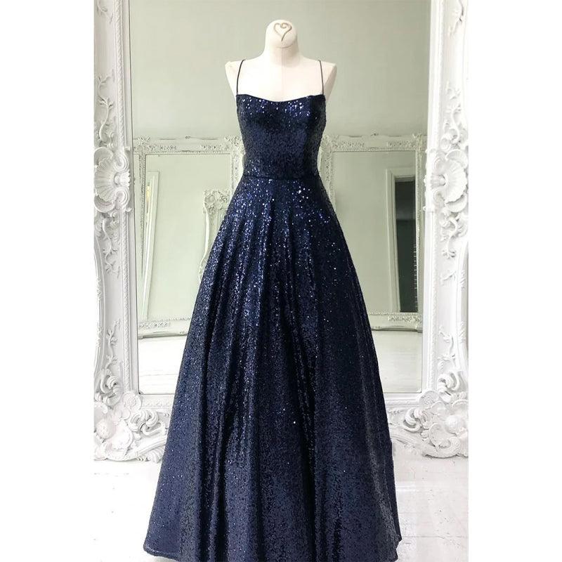 Vestido de fiesta único con lentejuelas brillantes en azul marino 