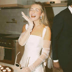 Vestido de novia Numbersea de satén blanco, corto, con escote cuadrado y lazo en la espalda