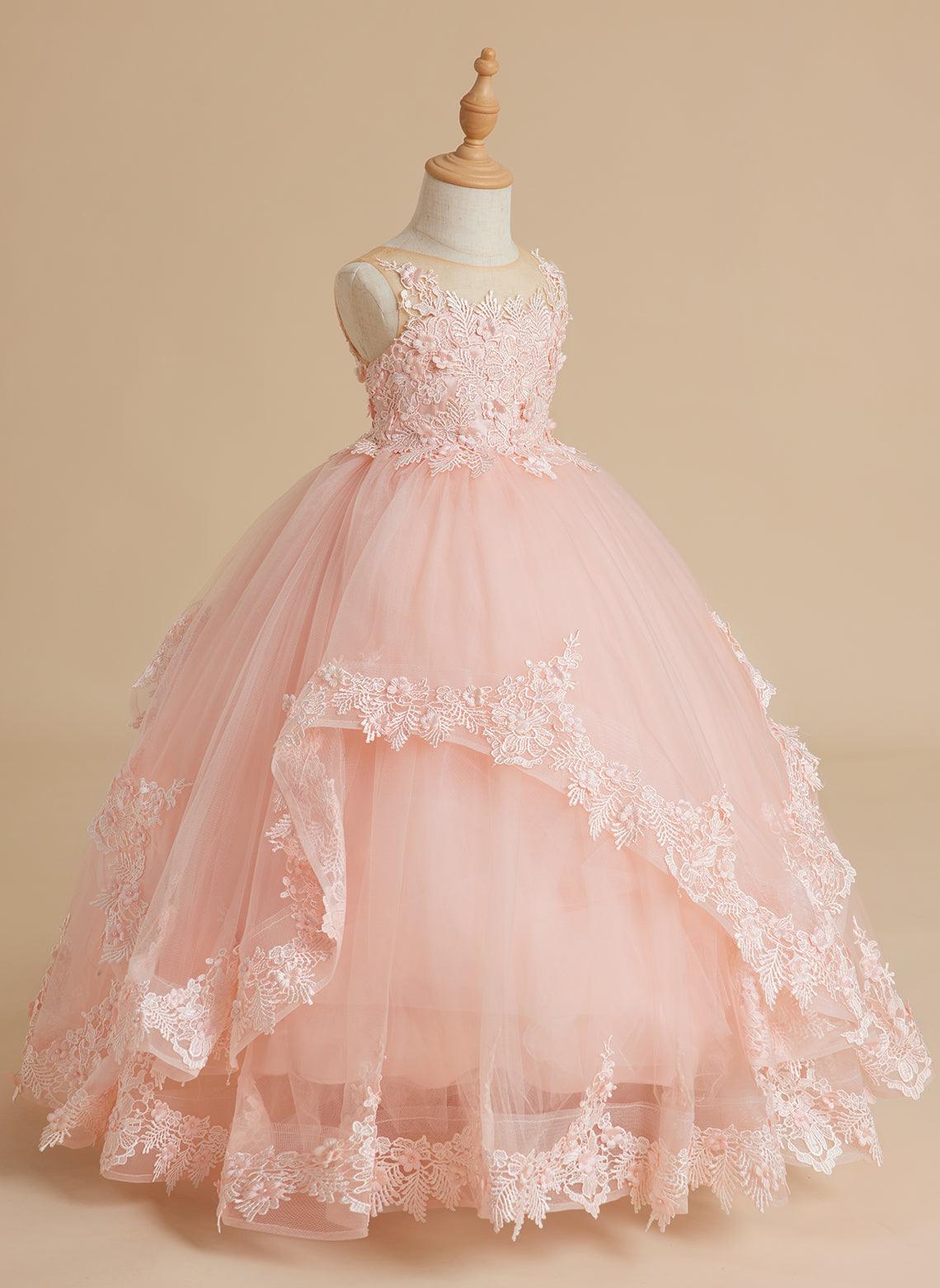 Vestido de princesa de tul sin mangas con apliques de encaje y cola larga para niñas 
