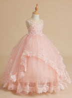 Vestido de princesa de tul sin mangas con apliques de encaje y cola larga para niñas 