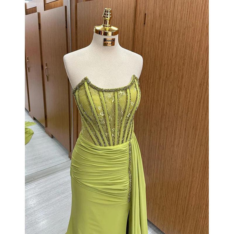 Etui-Linie/Säule, trägerlos, Perlen, lang, formelles Abendkleid mit Schlitz 